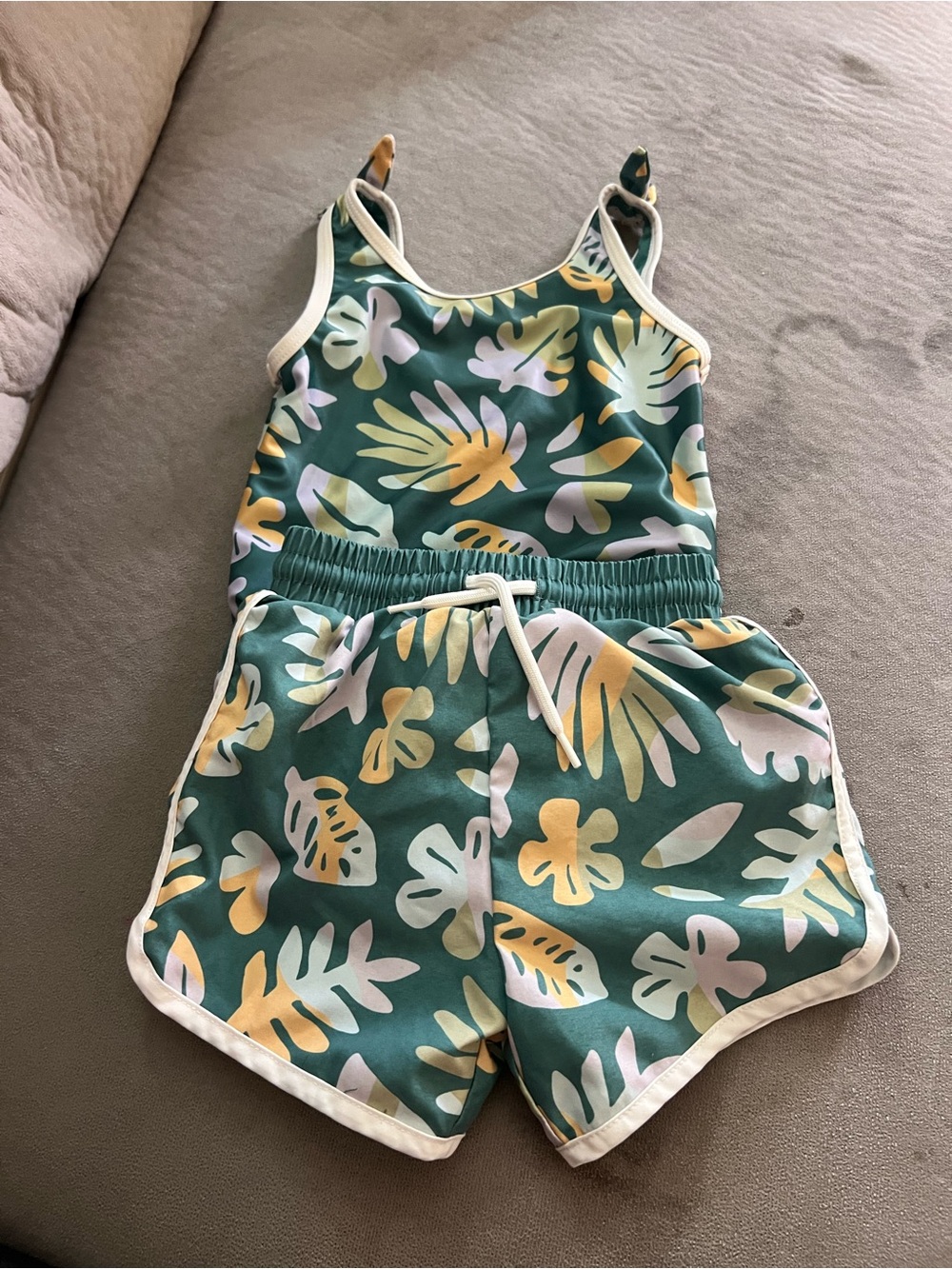 Kids Green Tropical Print Bathing Suit